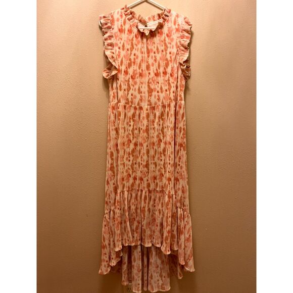 Karlie flutter sleeve high low micro pleated maxi dress - Peach/Pink Ikat - M - Picture 1 of 3